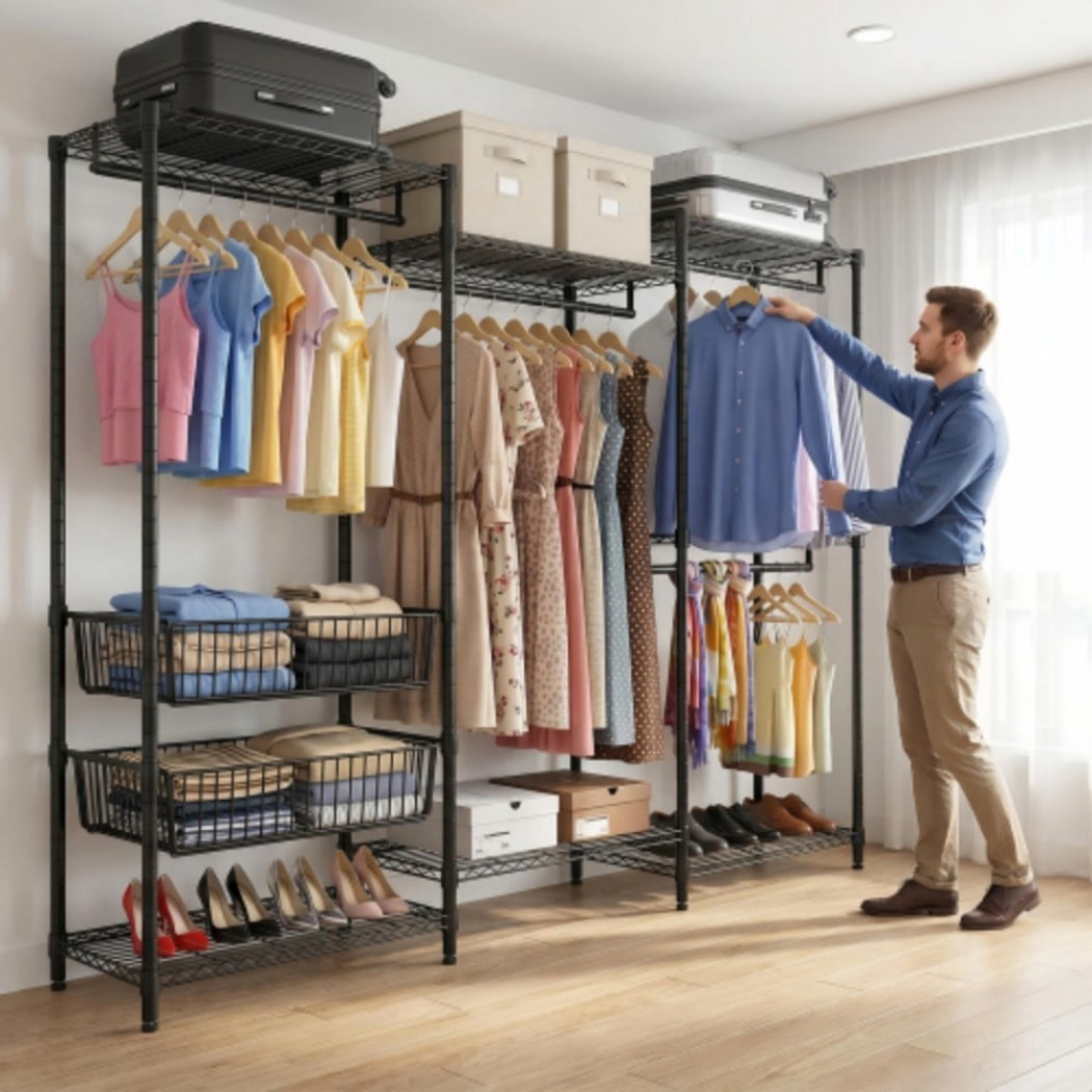 Heavy Duty Clothes Rack, Freestanding Garment Rack with 4 Hanging Rods, 6 Adjustable Wire Shelves & 2 Storage Baskets, Large Clothing Organizer, 68.5" W, Black