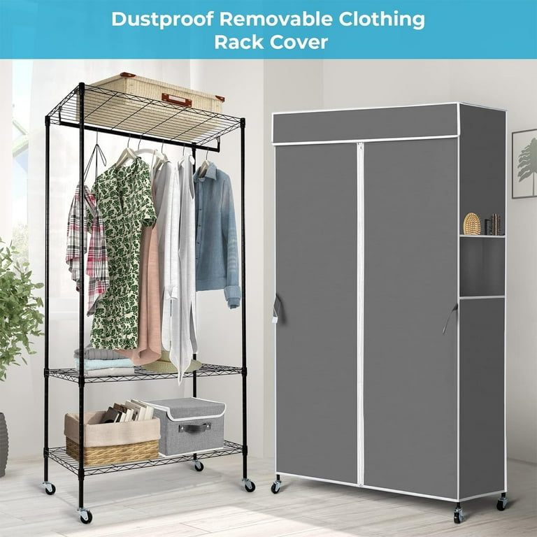 Heavy Duty Clothes Rack with Gray Cover Rolling Garment Rack for Hanging Clothes Freestanding Wardrobe Rack on Wheels with 2 Tier Storage Shelf Hanging Rod Black Clothing Rack Walmart