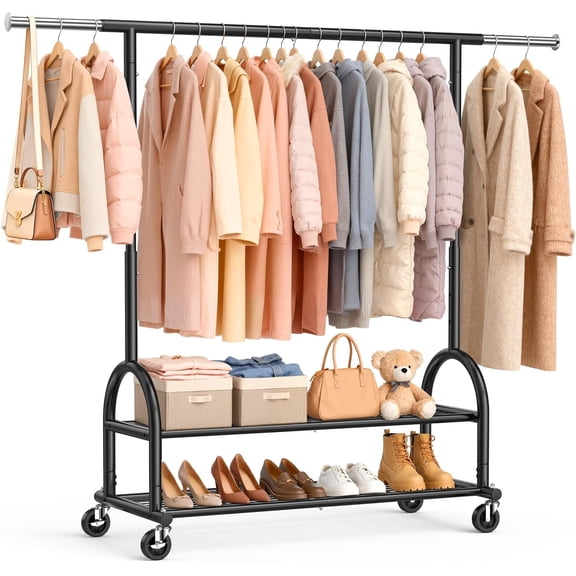 Heavy Duty Clothes Rack for Hanging Clothes Load 556 LBS, Height Adjustable Rolling Clothing Racks, Portable Metal Coat Rack Garment Wardrobe with Wheels and Shelves for Bedroom Laundry