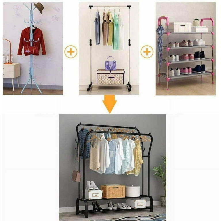 Heavy Duty Clothes Rack Industrial Pipe Clothing Rack with Shelf Double Rod Garment Rack on Wheels Commercial Grade for Hanging Clothes Storage Display Walmart