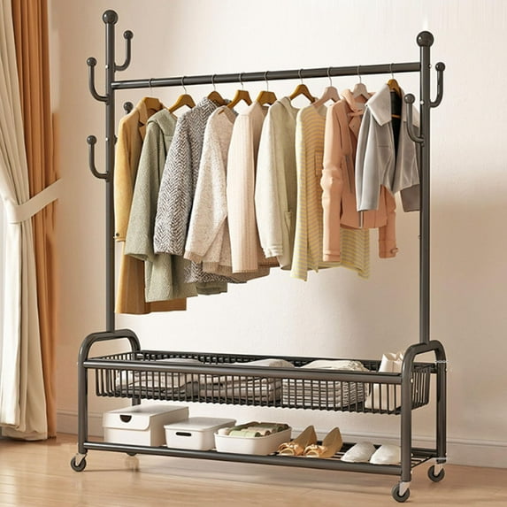 Heavy Duty Clothes Rack Load 260 LBS, Metal Garment Rack, Standing Rolling Clothing Rack for Hanging Clothes with Sturdy Wheels & Shelves, Portable Closet Wardrobe Rack
