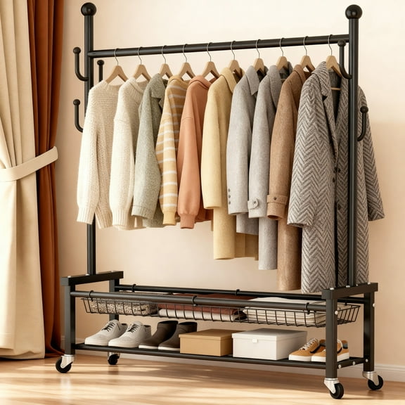 Flngr Heavy Duty Clothes Rack Load 260 lbs, Standing Rolling Clothing Rack for Hanging Clothes with Sturdy Wheels & Shelves
