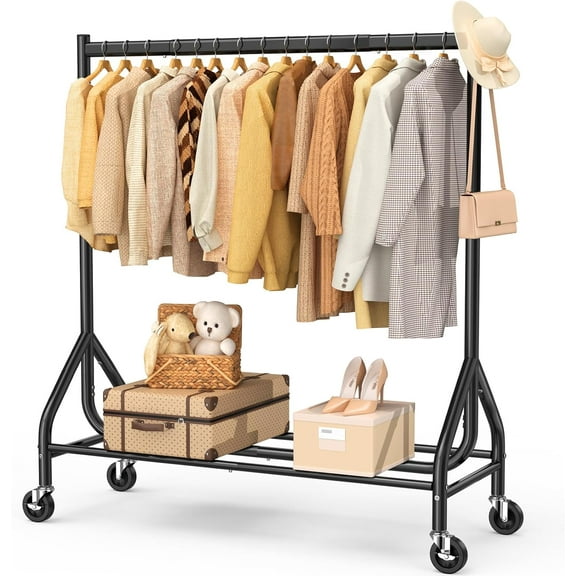 Heavy Duty Clothes Rack Load 420 LBS, 47.2" Long Rolling Garment Rack with Lockable Wheels, Standing Metal Clothing Hanger, Portable Wardrobe Sturdy Coat Organizer for Hanging Clothes (Black)