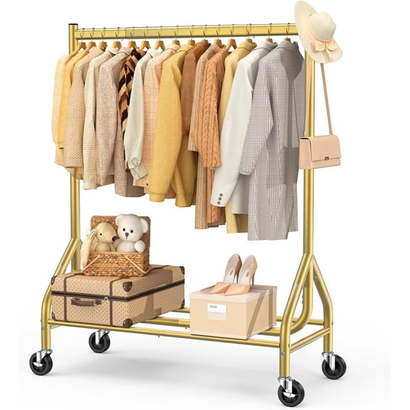 Heavy Duty Clothes Rack Load 420 LBS, Rolling Garment Organizer with Lockable Wheels, Standing Metal Clothing with Shelves, Portable Wardrobe Rack Sturdy Coat Rack for Hanging (Gold)