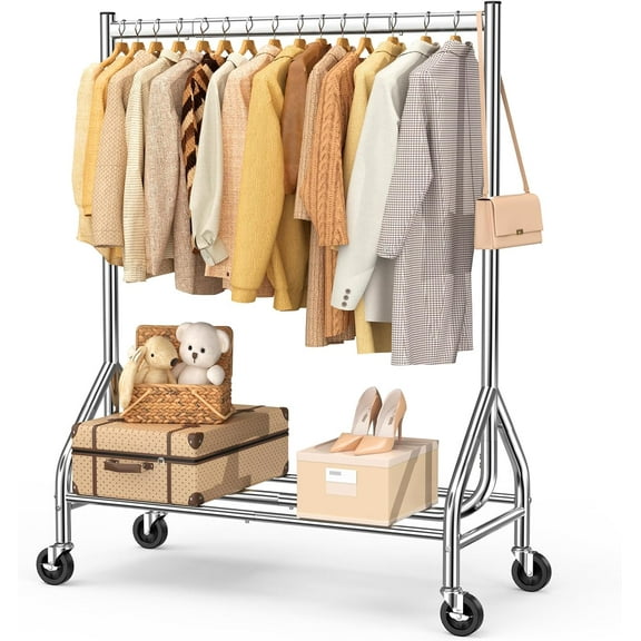 Heavy Duty Clothes Rack Load 420 LBS, Rolling Garment Rack with Lockable Wheels, Standing Metal Clothing Rack with Shelves, Portable Wardrobe Sturdy Coat Rack for Hanging Clothes (Silver)