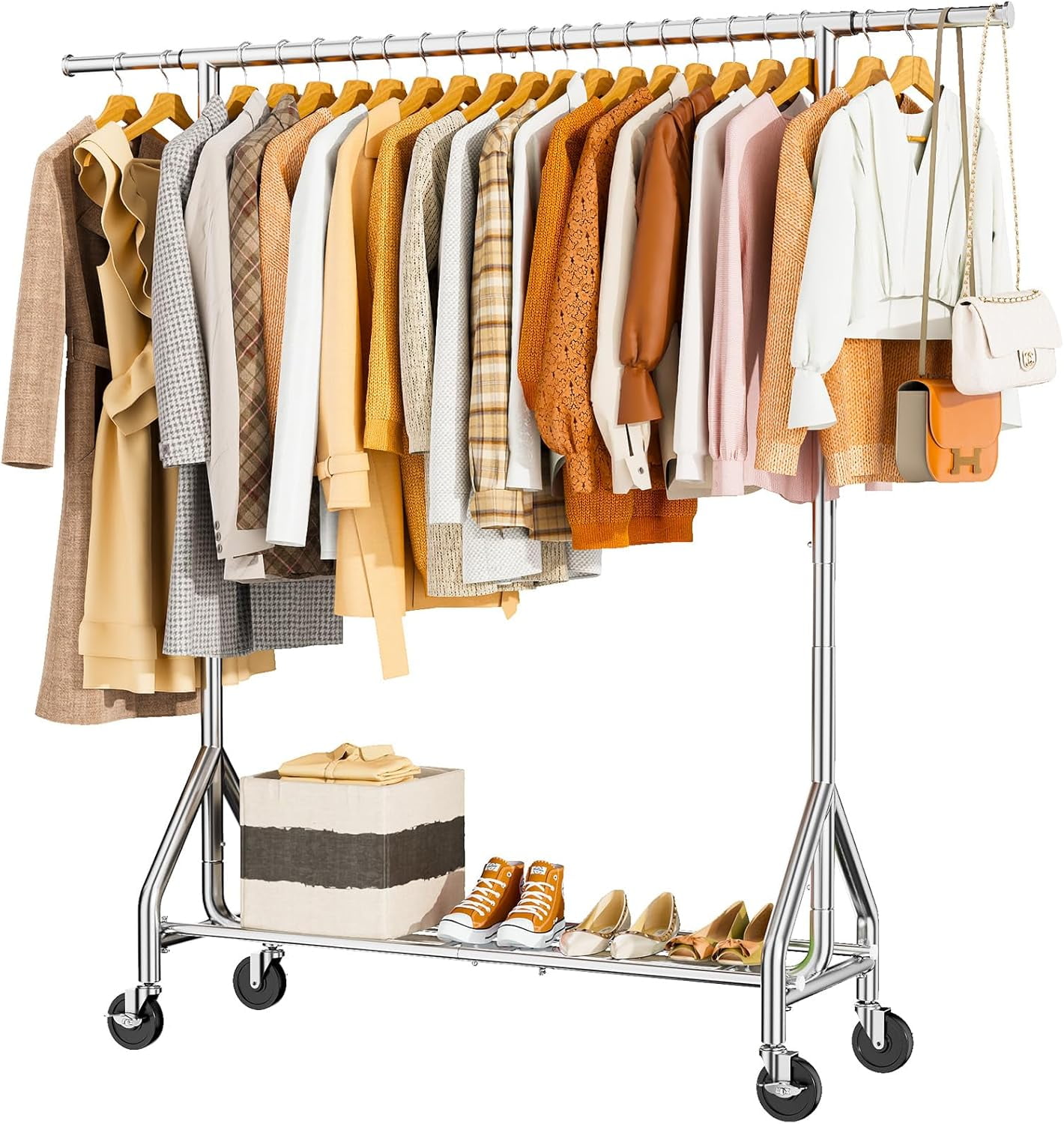 Heavy Duty White Metal Rolling Garment Rack with Shelves