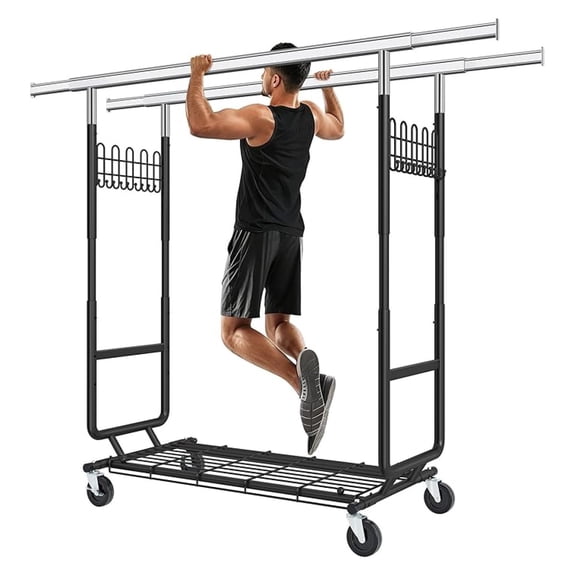 Heavy Duty Clothes Rack Load 900 Lbs, Double Rod Rolling Clothing Rack With Sturdy Wheel And ShelvesAdjustable Portable Hanging Rack For Clothes,Black