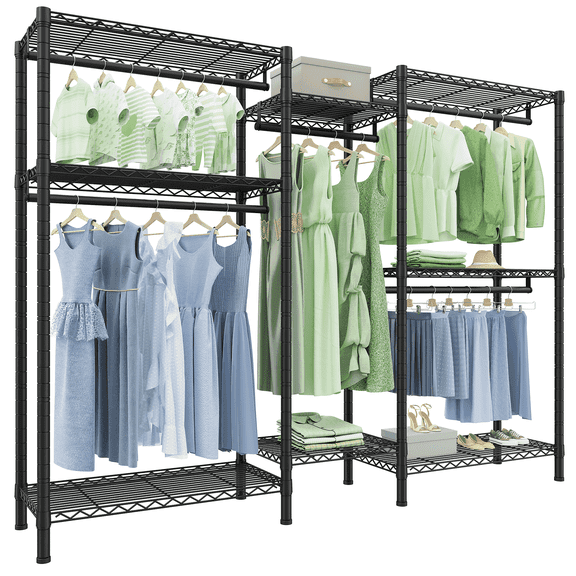 Heavy Duty Clothes Rack,Max Load 905 lbs Adjustable Metal Wardrobe Closet Organizer with 5 Hanging Rods & 8 Shelves,Black