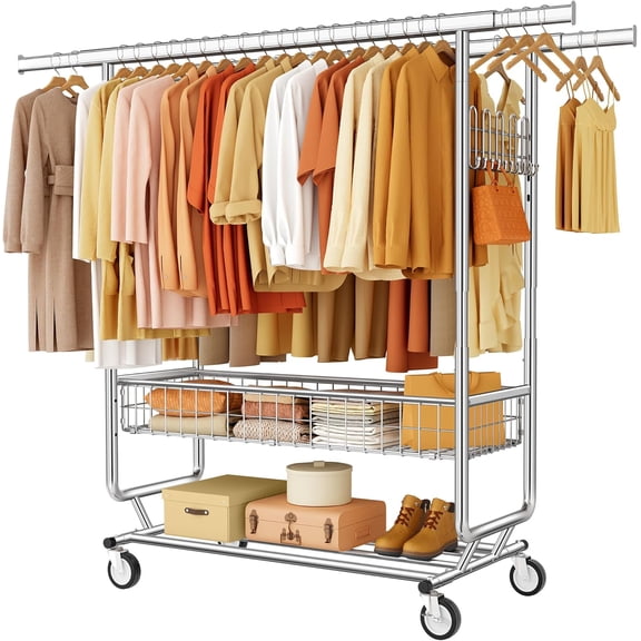 Gewudraw Heavy Duty Clothes Rack with Metal Basket, 720 LBS Rolling Double Rod Garment Rack, Portable Extendable Clothing Rack with Wheel for Bedroom, Laundry Room & Retail Store