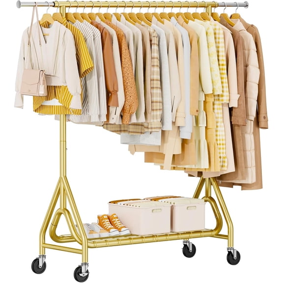 Heavy Duty Clothes Rack, Metal Clothing Rack Load 450 LBS, Rolling Coat Racks for Hanging Clothes with Lockable Wheels, Wardrobe Closet Garment Racks for Bedroom, Gold
