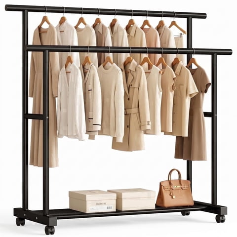 Double Rod Clothes Rack, Coat Hanger for Hanging Clothes with Rolling Wheels, Metal Frame Portable Wardrobe for Bedroom & Laundry & Living Room, Black