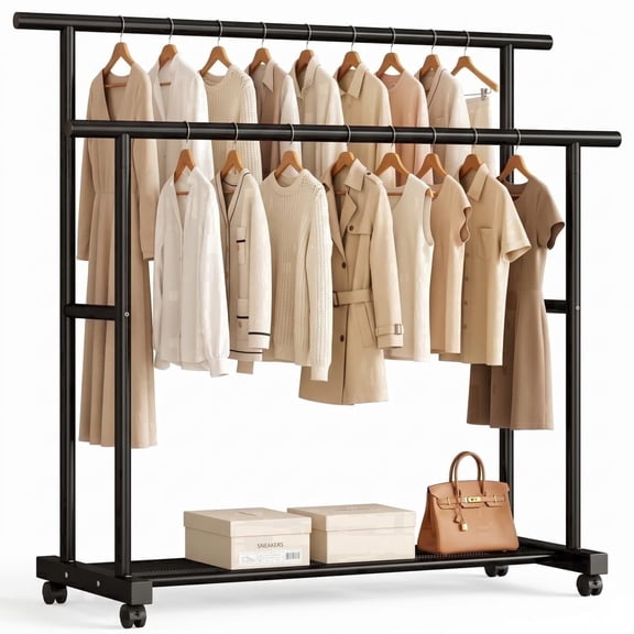 Double Rod Clothes Rack, Coat Hanger for Hanging Clothes with Rolling Wheels, Metal Frame Portable Wardrobe for Bedroom & Laundry & Living Room, Black