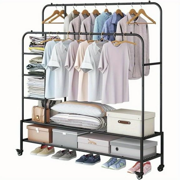 Heavy Duty Clothes Rack, Rolling Clothing Rack With Shelves Load 620 LBS, Double Rod Clothing Racks for Hanging Clothes, Portable& Adjustable Clothes Rack with Wheels Garment Rack
