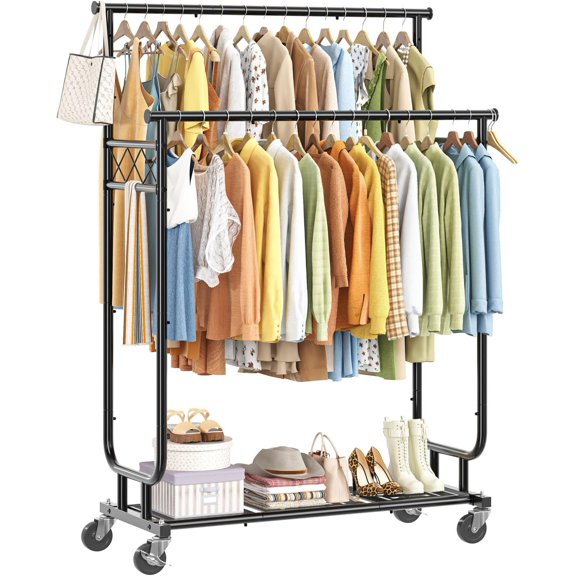 Heavy Duty Clothes Rack, Rolling Clothing Rack With Shelves Load 450 LBS, Double Rod Clothing Racks with Wheels for Clothes, Black