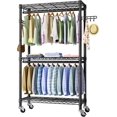 thumbnail image 1 of Heavy Duty Clothes Rack Rolling Garment Rack,3 Tier Adjustable Wire Shelving Clothing Racks for Hanging Clothes with Hanger Rod&Side Hooks,Freestanding Wardrobe Storage Rack Metal Portable Closet, 1 of 16