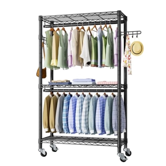 Heavy Duty Clothes Rack Rolling Garment Rack3 Tier Adjustable Wire Shelving Clothing Racks for Hanging Clothes with Double RodsSide Hooks Freestanding Wardrobe Storage Rack Metal Portable Closet