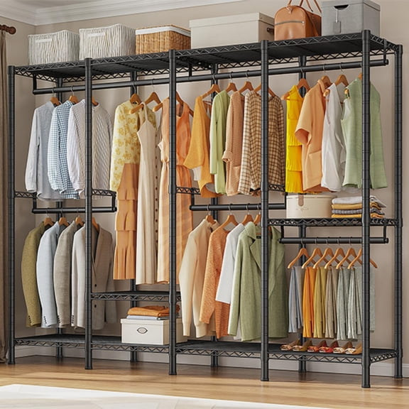 Heavy Duty Clothes Rack with Shelves, 1150lbs Max Load Portable Closet Organizer System, Adjustable Metal Wardrobe Garment Rack, 76" W x 77" H x 18" D, Large Capacity, Black