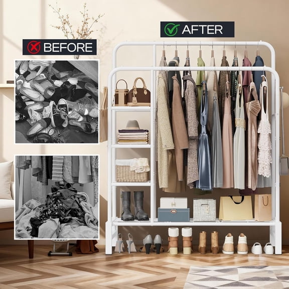 Heavy Duty Clothes Rack with 3 Tier Shelves and Double Rods, Modern White Garment Stand for Bedroom Living Room