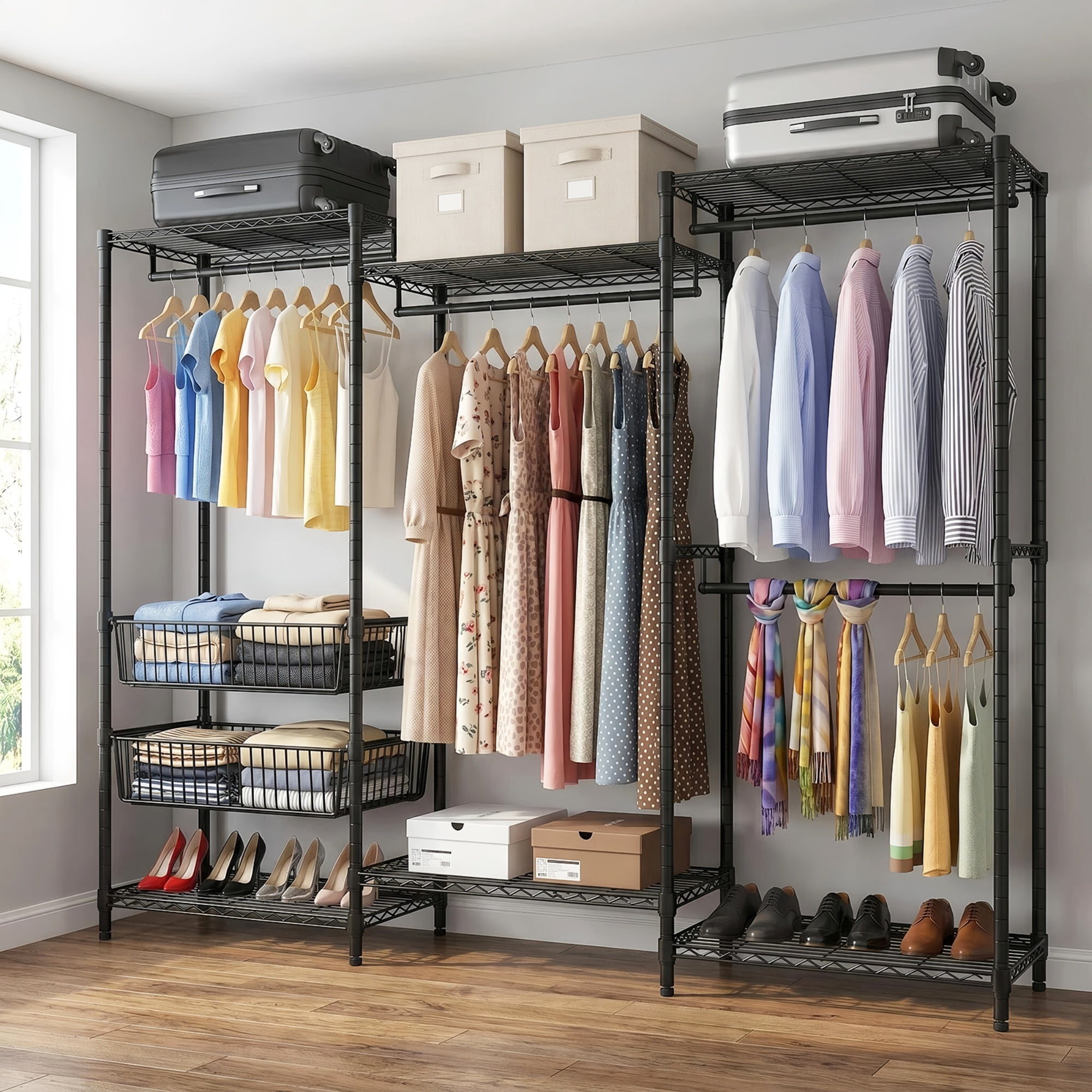 Heavy Duty Clothes Rack with 4 Hanging Rods and 2 Wire Baskets, Freestanding Garment Rack with Adjustable Shelves for Closet and Bedroom, Black