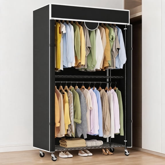 Heavy Duty Clothes Rack with Cover on Wheels, Carbon Steel
