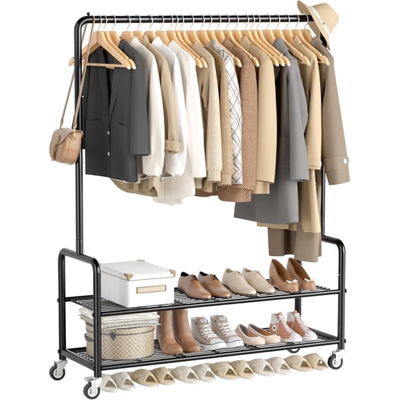 Heavy Duty Clothes Rack with Shelves 46.5" Large Rolling Clothing Racks for Hanging Clothes, Garment, Coat, Black