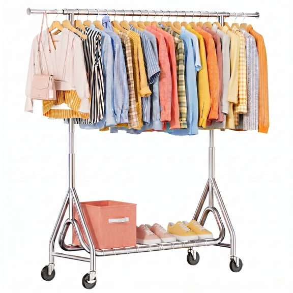 TreGazze Heavy Duty Clothes Rack for Hanging Clothes, Rolling Clothing Rack Load 450 lbs for Bedroom Laundry, Silver