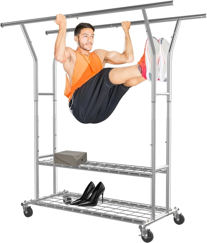 Heavy Duty Clothes Rack with Wheels, 630LB Capacity, Adjustable Height ...