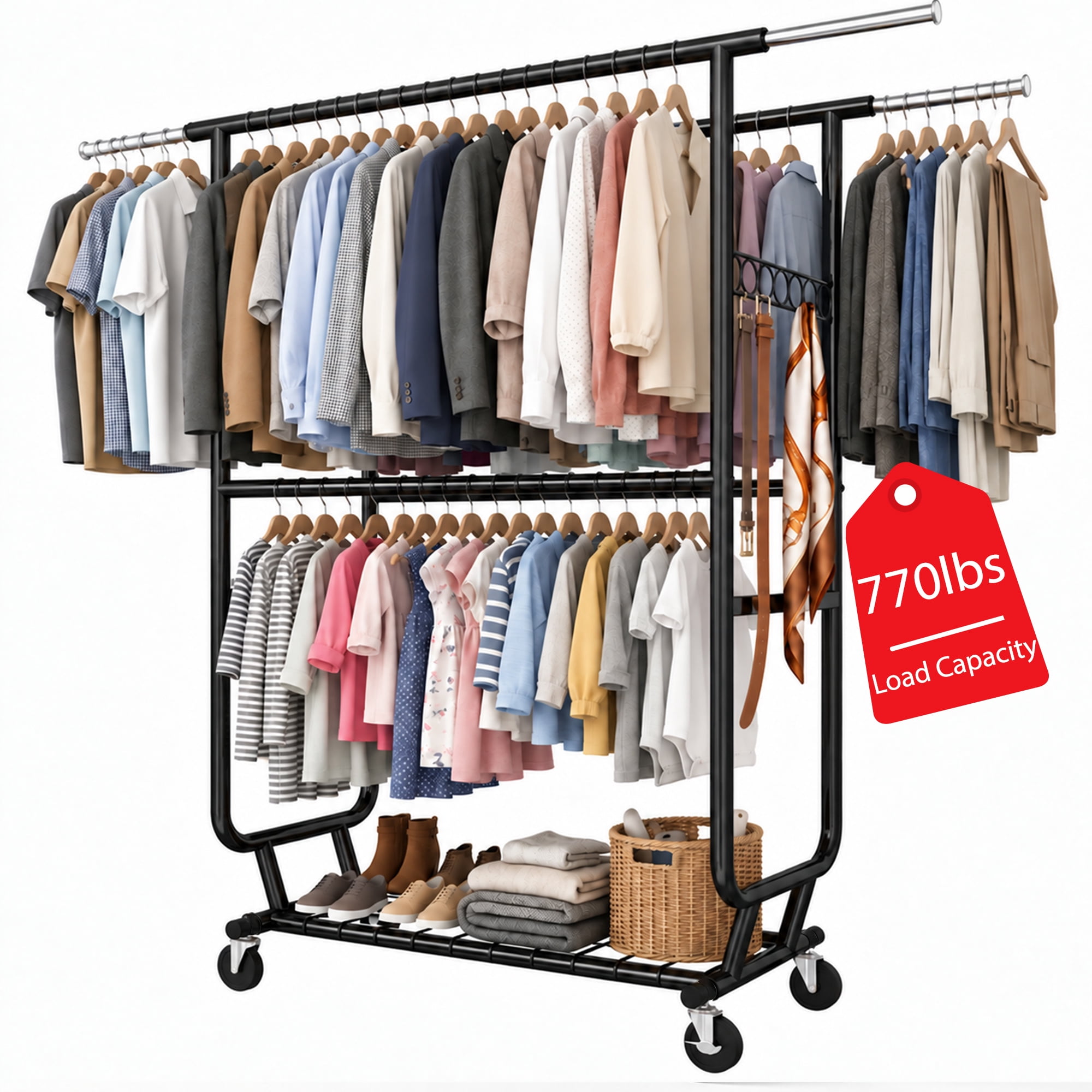 Laundry Rack Game Heavy Duty Clothes Rack with Wheels, 770 LBS Rolling Garment Rack ...