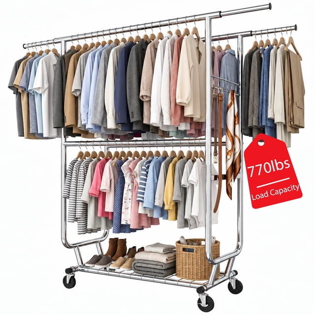 Heavy Duty Clothes Rack with Wheels, 770 LBS Rolling Garment Rack ...