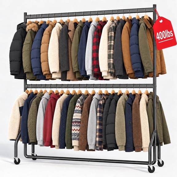 Safe Rack Garment Rack Black Large Double Rod Rolling Clothes Rack, Heavy Duty Garment Rack ...