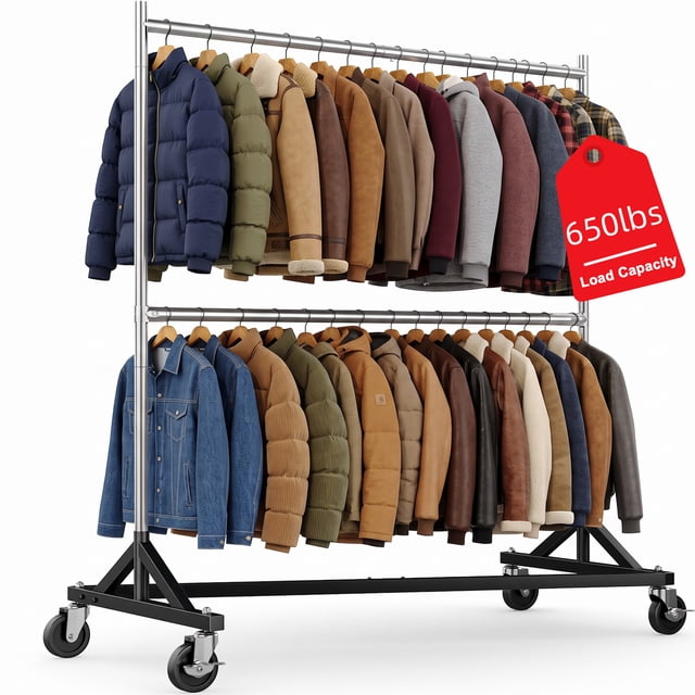 Heavy Duty Clothes Rack with Wheels, Double Rod Z Rack, 650 lbs ...