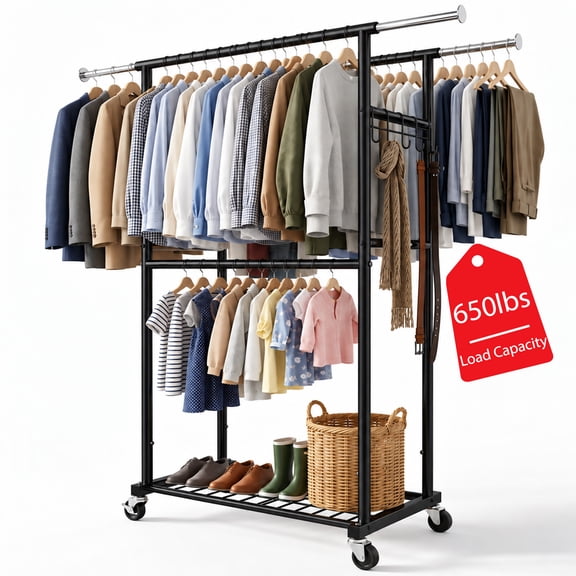 Heavy Duty Clothes Rack with Wheels, Extendable Garment Rack with Shelf, 650 LBS, Black