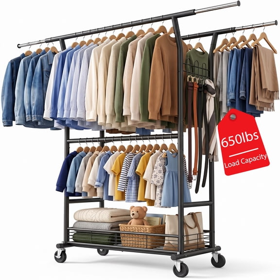 Heavy Duty Clothes Rack with Wheels, Rolling Garment Rack 650 LBS, Adjustable Storage Rack