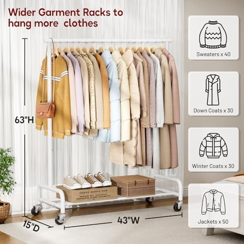 Heavy Duty Clothes Racks for Hanging Clothing Rack, 43" Wide Rolling Garment Rack Metal Wardrobe Rack with Wheels Closet Hanger Racking for Coats, Shirts, Dress, (White)