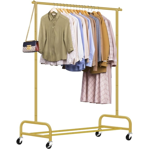 Heavy Duty Clothes Racks for Hanging Clothing Rack, 43" Wide Rolling Garment Rack Metal Wardrobe Rack with Wheels Closet Hanger Rack for Coats, Shirts, Dress (Gold)
