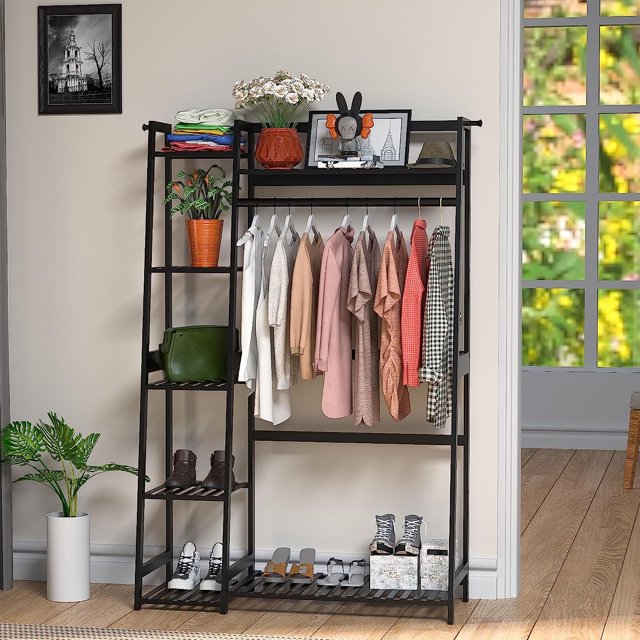 Heavy Duty Clothes Storage Rack, 59" Bamboo Freestanding Garment Rack