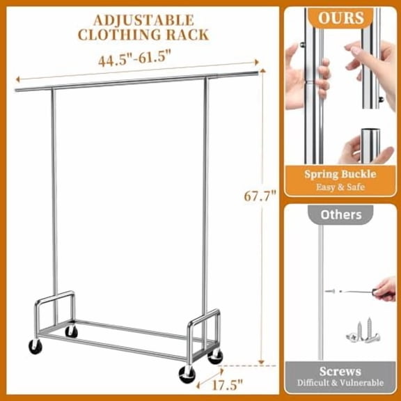 Heavy Duty Clothing Clothes Rack with Wheels for Hanging, Metal Rolling Garment Rack Organizer Load 500 LBS, Chrome