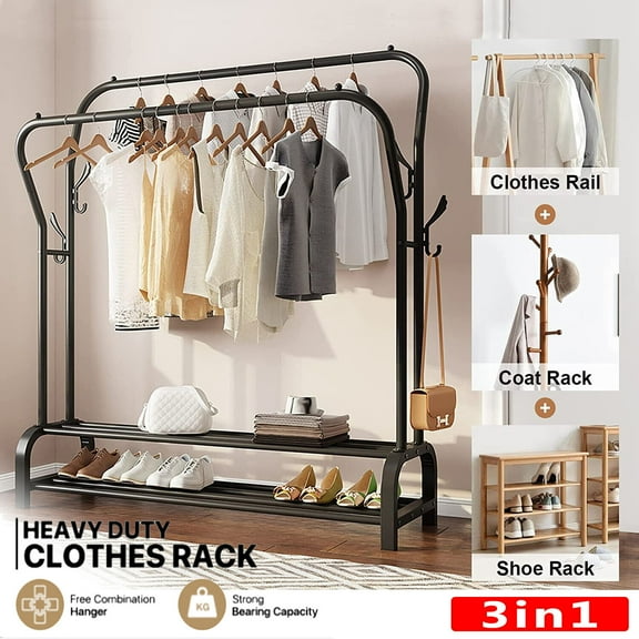 Heavy Duty Clothing Garment Rack, Freestanding Hanger Double Rail Clothing Rack Multi-functional Bedroom Wardrobe Clothes Organizer Stand Double layer 2 Shoe Shelves