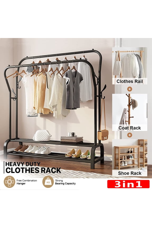 Heavy Duty Clothing Garment Rack, Freestanding Hanger Double Rail Clothing Rack Multi-functional Bedroom Wardrobe Clothes Organizer Stand Double layer 2 Shoe Shelves