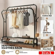 Heavy Duty Clothing Garment Rack, Freestanding Hanger Double Rail Clothing Rack Multi-functional Bedroom Wardrobe Clothes Organizer Stand Double layer 2 Shoe Shelves