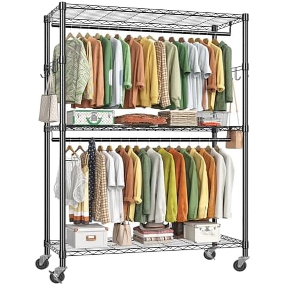 Heavy Duty Clothing Rack 3 Tiers Adjustable Wire Shelving Clothes Rack with Double Rods and Side Hooks, Freestanding Wardrobe Storage Rack Metal Garment Rack, Black