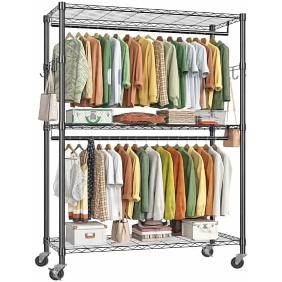 Heavy Duty Clothing Rack 3 Tiers Adjustable Wire Shelving Clothes Rack with Double Rods and Side Hooks, Freestanding Wardrobe Storage Rack Metal Garment Rack, Black