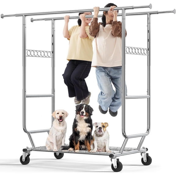 Heavy Duty Clothes Rack, 650 LBS Load Capacity Collapsible Garment Rack with Wheels, Double Rod Coat Rack for Hanging Clothes, Commercial Closet Rack with Shelves, Black, 22"D x 75"W x 68"H