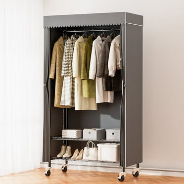 Heavy Duty Clothing Rack with Gray Dust Cover, Max load 300 LBS,Rolling Clothes Rack for Hanging Clothes, Freestanding Garment Rack with 2-Tier Storage Shelf Wheels Hanging Rod Cover, 35.4"x17"x72.4"