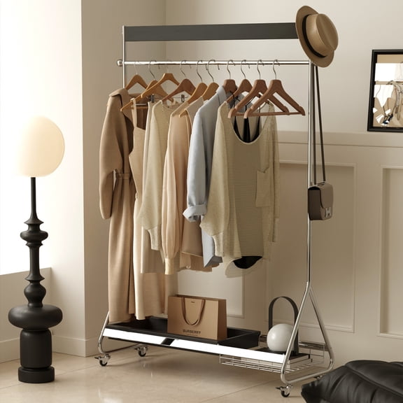 Heavy Duty Clothing Rack, Rolling Clothes Rack with Shelves, Height Adjustable Metal Clothes Hanger with Wheels, Portable Wardrobe Organizer Garment Rod, Black