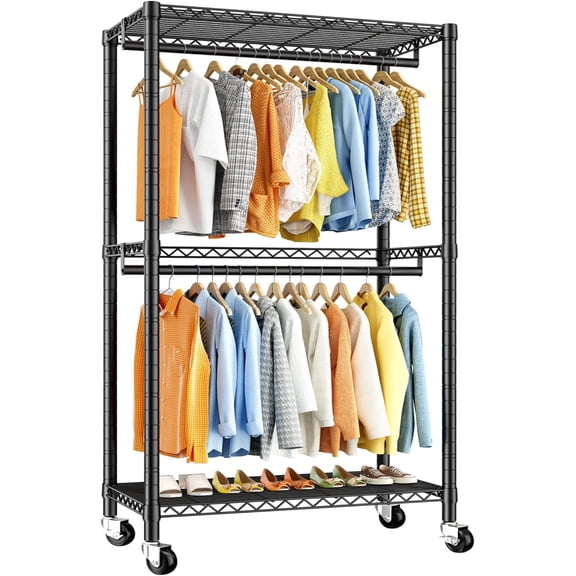 Heavy Duty Clothing Rack, Rolling Clothes Rack for Hanging Clothes, Portable Closet with Wheels Shelves for Bedroom, Closet Storage System