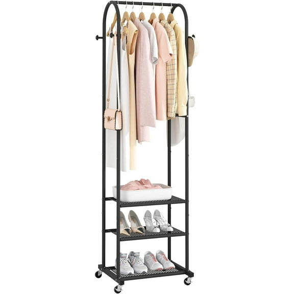 Heavy Duty Clothing Rack with Wheels,Modern Garment Rack with 3 Metal Shelves, 71.8Inches Display Rack for Hanging Clothes, Hanging Rod for Small Space,Black