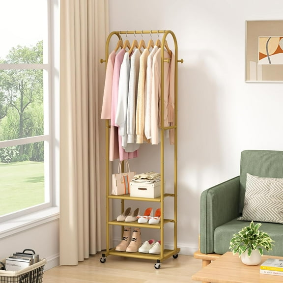 Heavy Duty Clothing Rack with Wheels, Modern Garment Rack with 3 Metal Shelves, 71.8Inches Display Rack for Hanging Clothes, Hanging Rod for Small Space, Gold