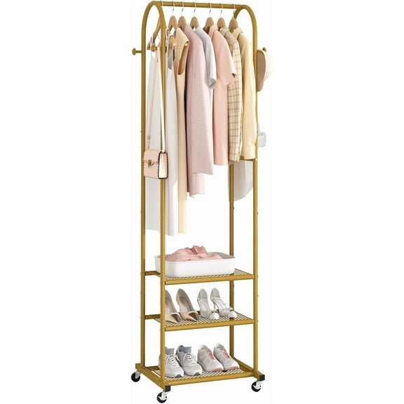 Heavy Duty Clothing Rack with Wheels,Modern Garment Rack with 3 Metal Shelves, 71.8Inches Display Rack for Hanging Clothes, Hanging Rod for Small Space,Gold