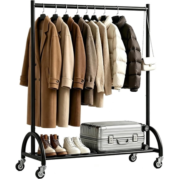 Heavy Duty Clothing Racks for Hanging Clothes Heavy Duty Clothes Rack Rolling Garment Rack with Wheels Freestanding Closet Racks, 210 LBS Load Capacity for Coats, Garment, Dress, Shirt, Black